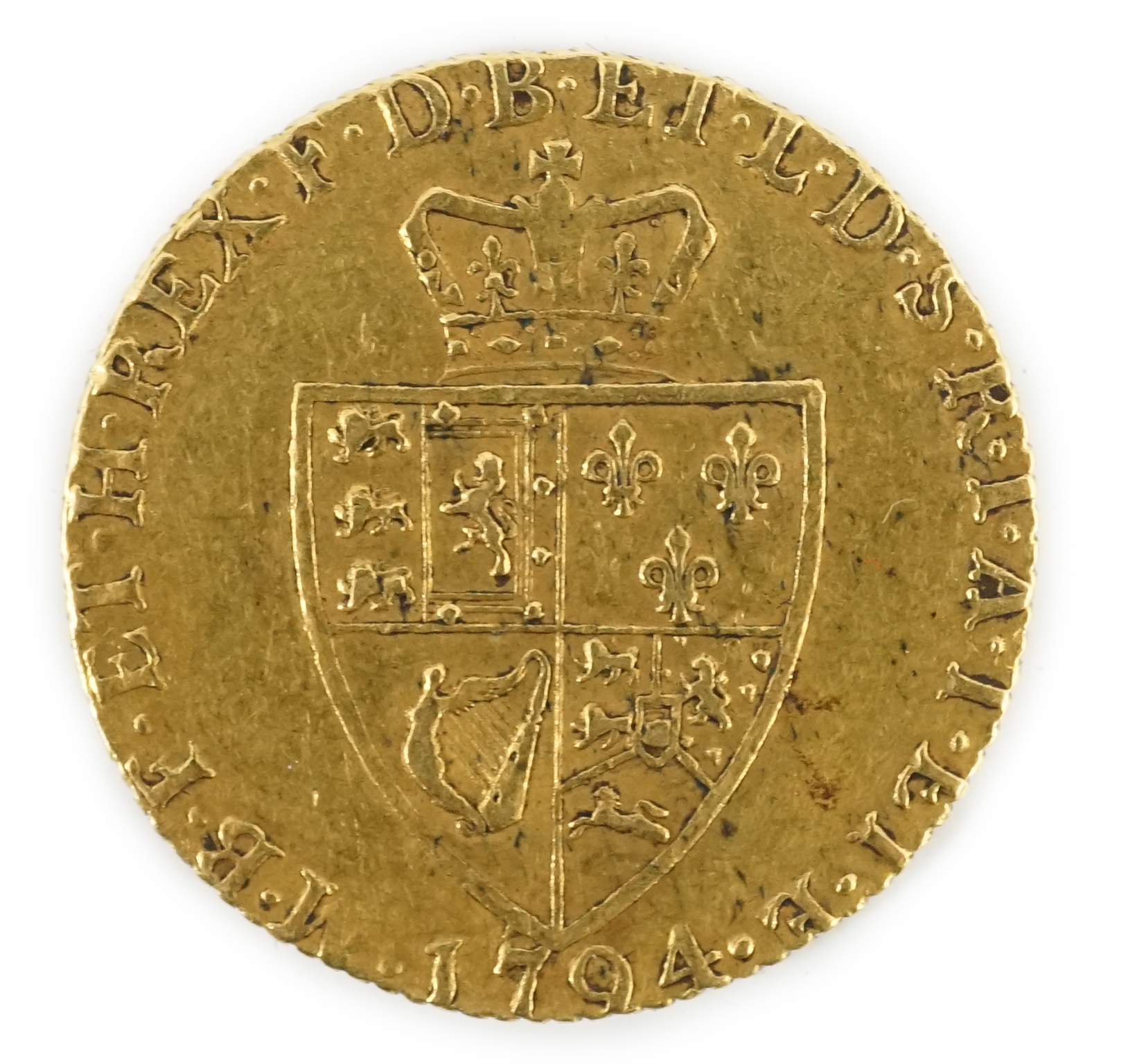 A George III gold spade guinea, 1794, VF